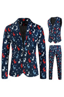 Load image into Gallery viewer, Dark Blue Single Button Reindeer Print 3 Piece Men's Christmas Suit