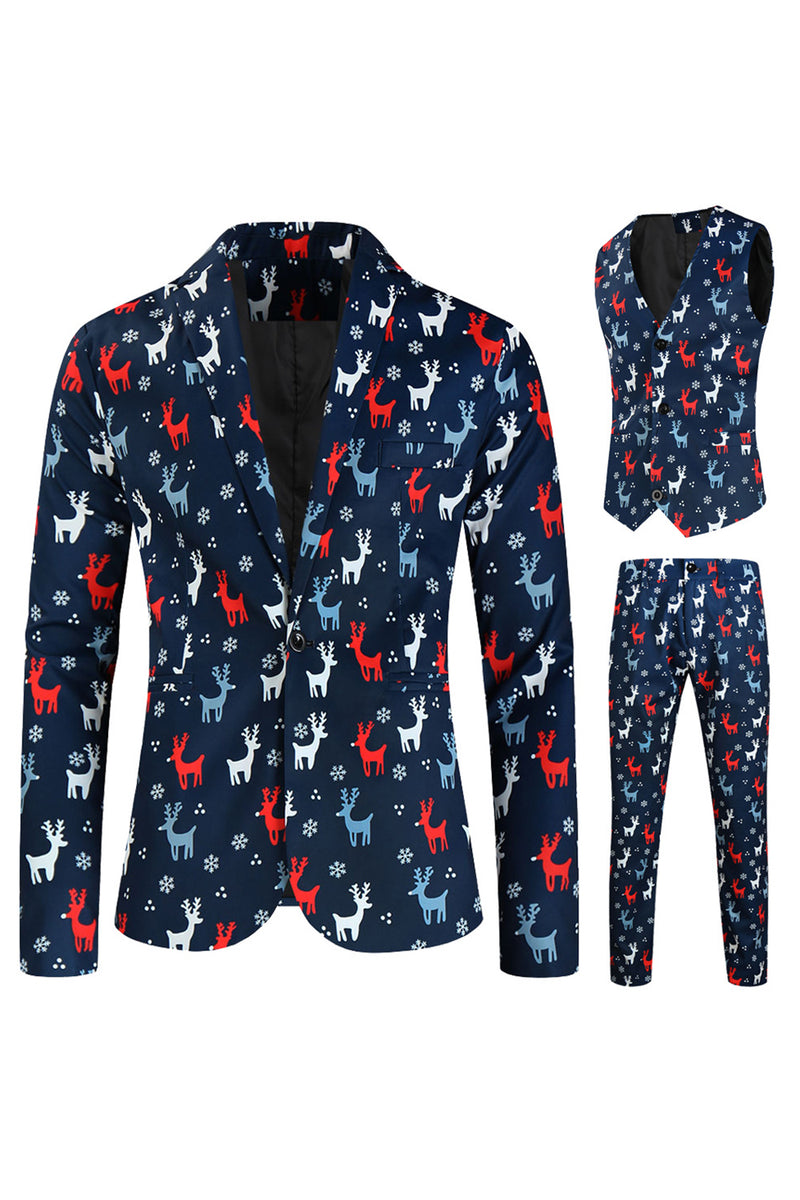 Load image into Gallery viewer, Dark Blue Single Button Reindeer Print 3 Piece Men's Christmas Suit