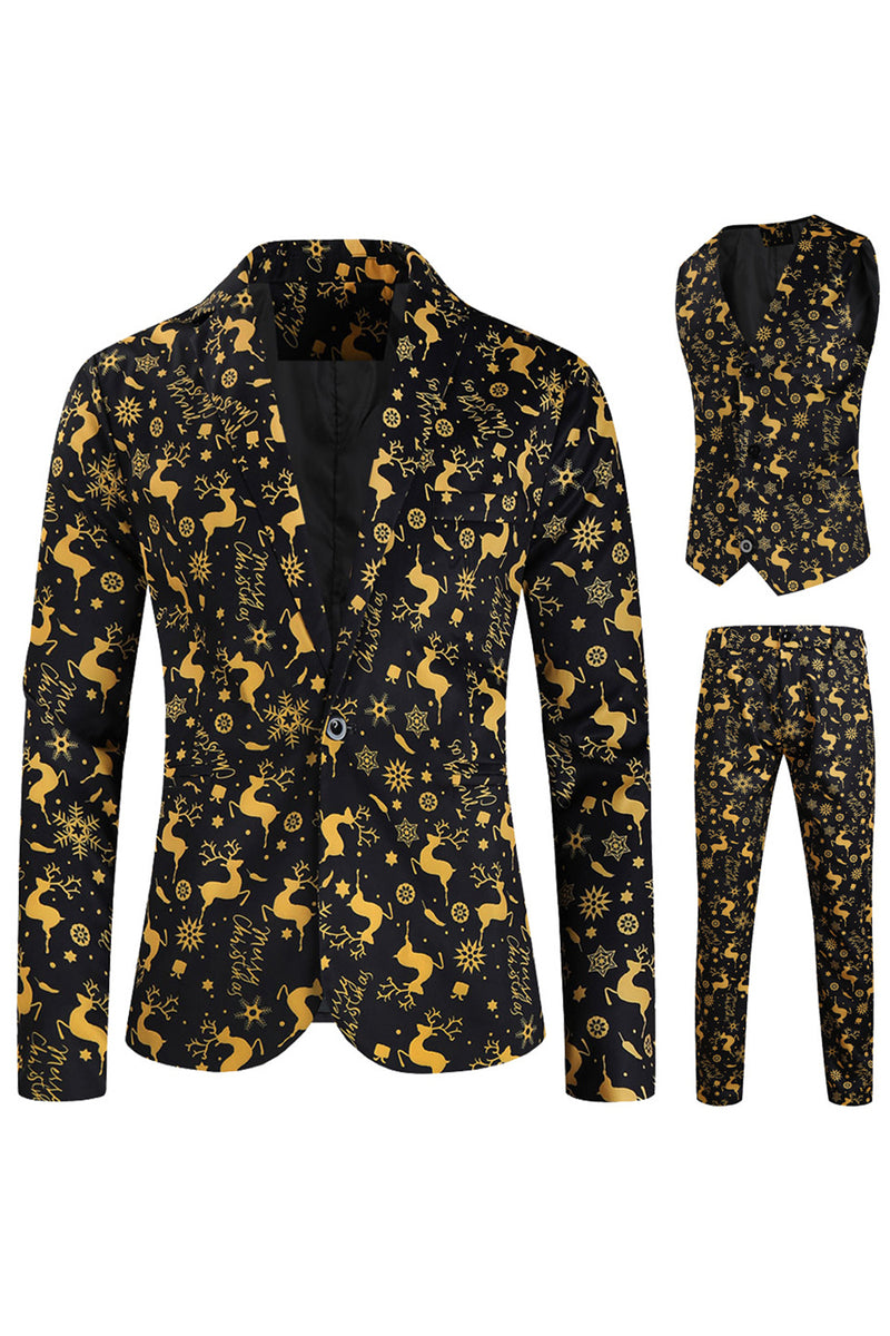 Load image into Gallery viewer, 3 Piece Black Single Button Yellow Reindeer Print Men's Christmas Suit