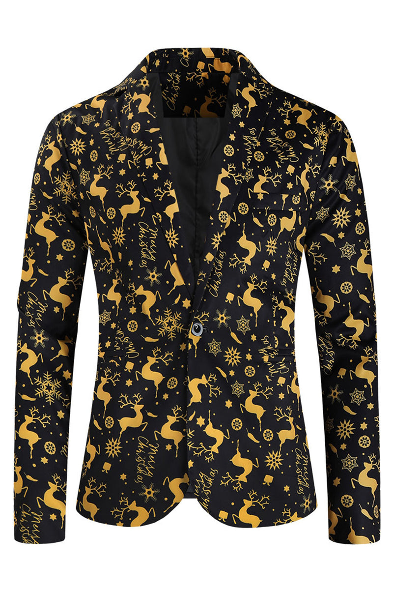 Load image into Gallery viewer, 3 Piece Black Single Button Yellow Reindeer Print Men's Christmas Suit