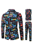 Load image into Gallery viewer, Japanese Themed Text Print Black Single Button 3 Pieces Men's Christmas Suit