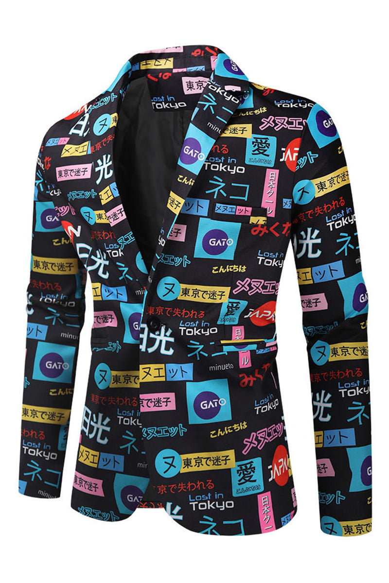 Load image into Gallery viewer, Japanese Themed Text Print Black Single Button 3 Pieces Men's Christmas Suit