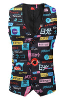 Load image into Gallery viewer, Japanese Themed Text Print Black Single Button 3 Pieces Men's Christmas Suit