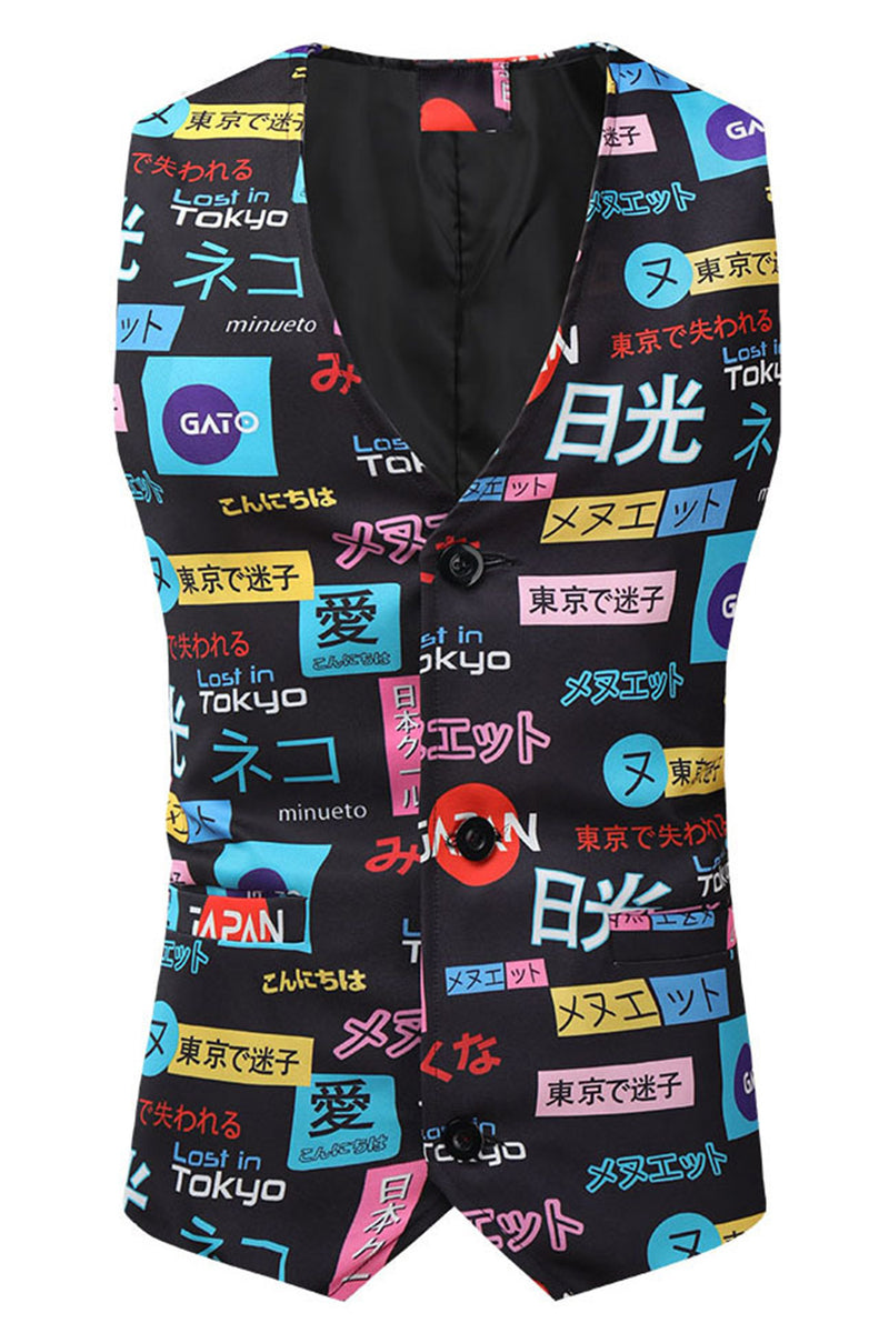 Load image into Gallery viewer, Japanese Themed Text Print Black Single Button 3 Pieces Men's Christmas Suit