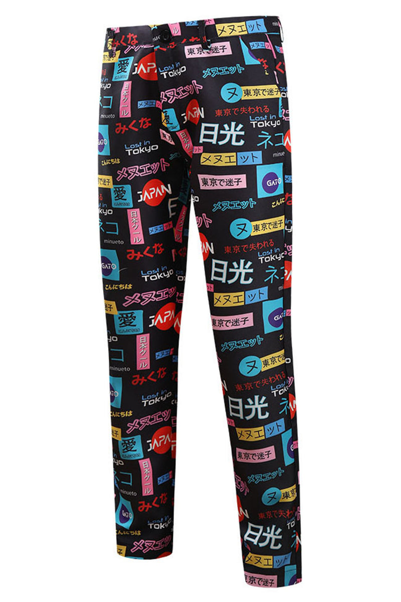 Load image into Gallery viewer, Japanese Themed Text Print Black Single Button 3 Pieces Men's Christmas Suit