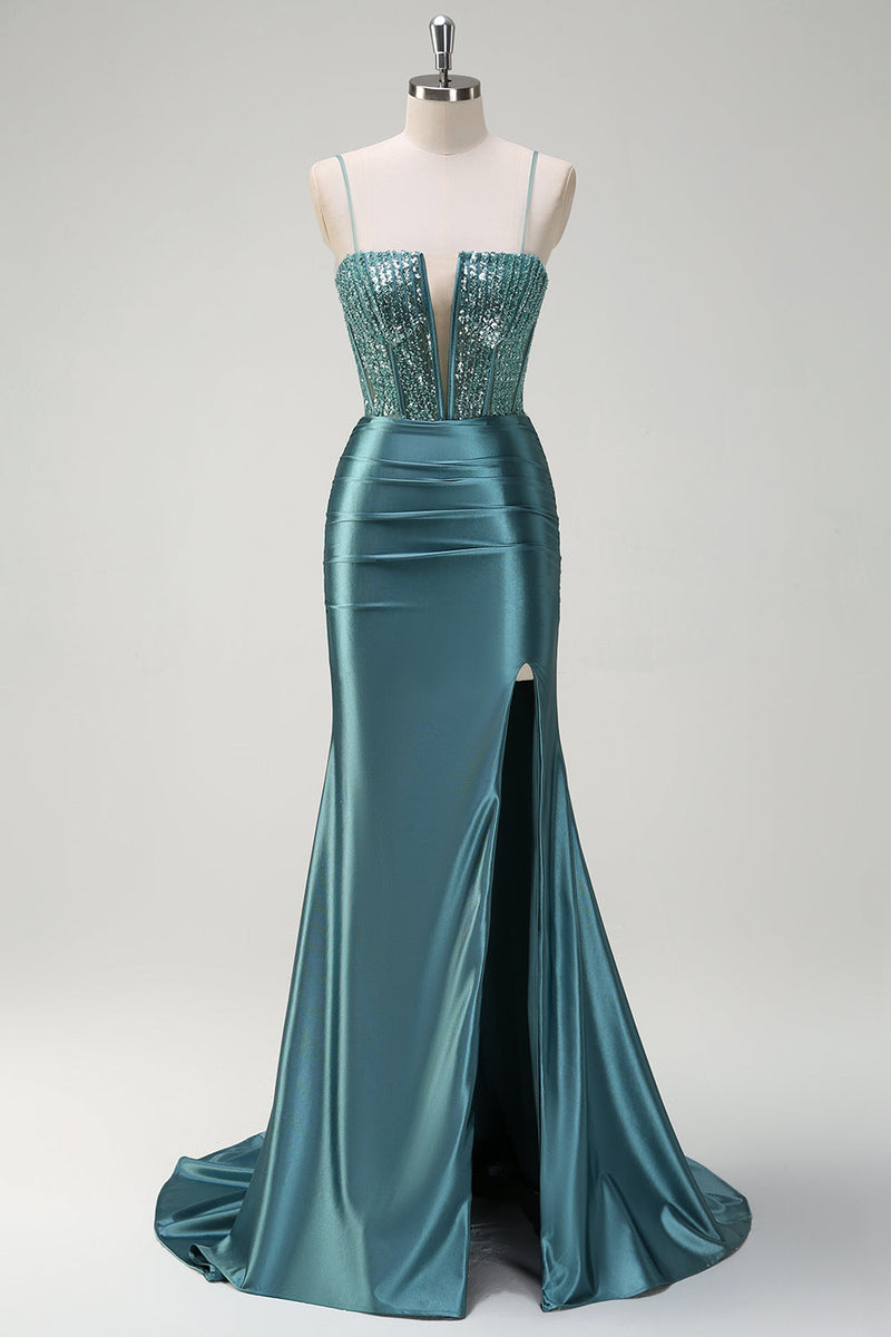 Load image into Gallery viewer, Dusty Green Mermaid Spaghetti Straps Long Prom Dress