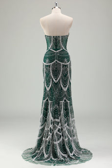 Dark Green Mermaid Strapless Sequins Corset Prom Dress