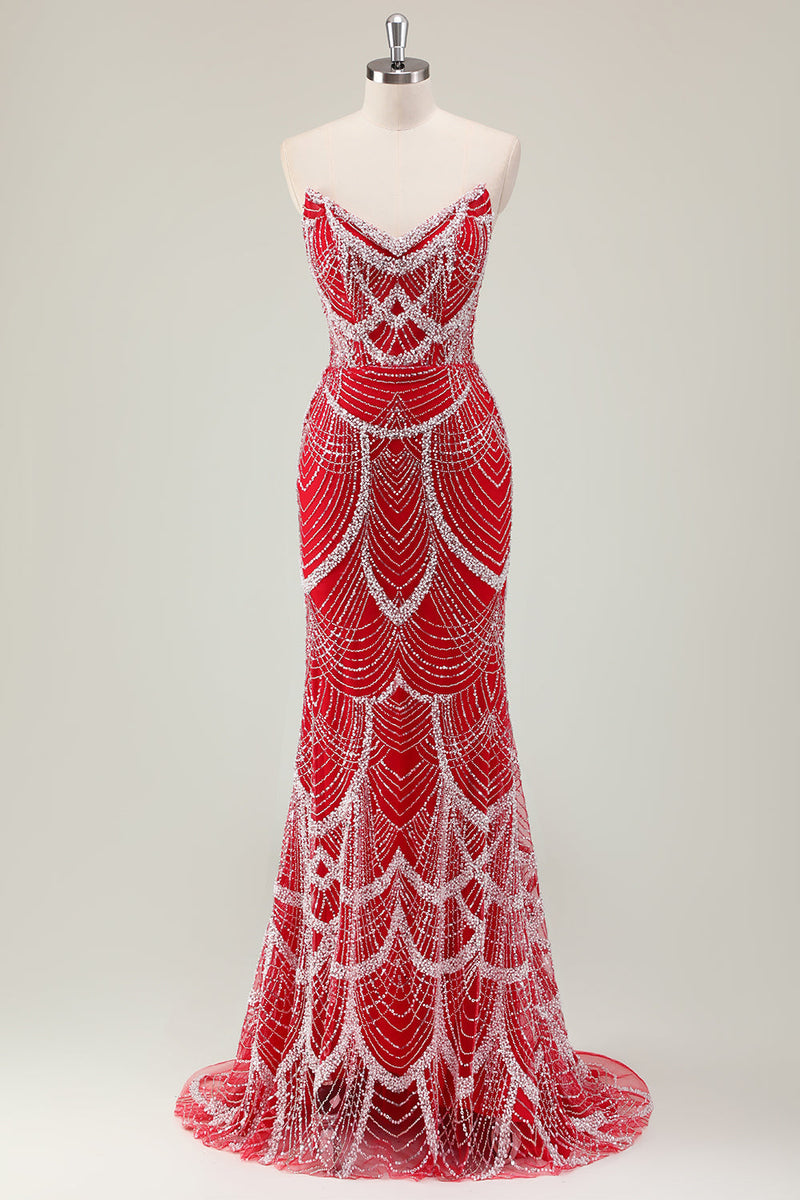 Load image into Gallery viewer, Dark Green Mermaid Strapless Sequins Corset Prom Dress