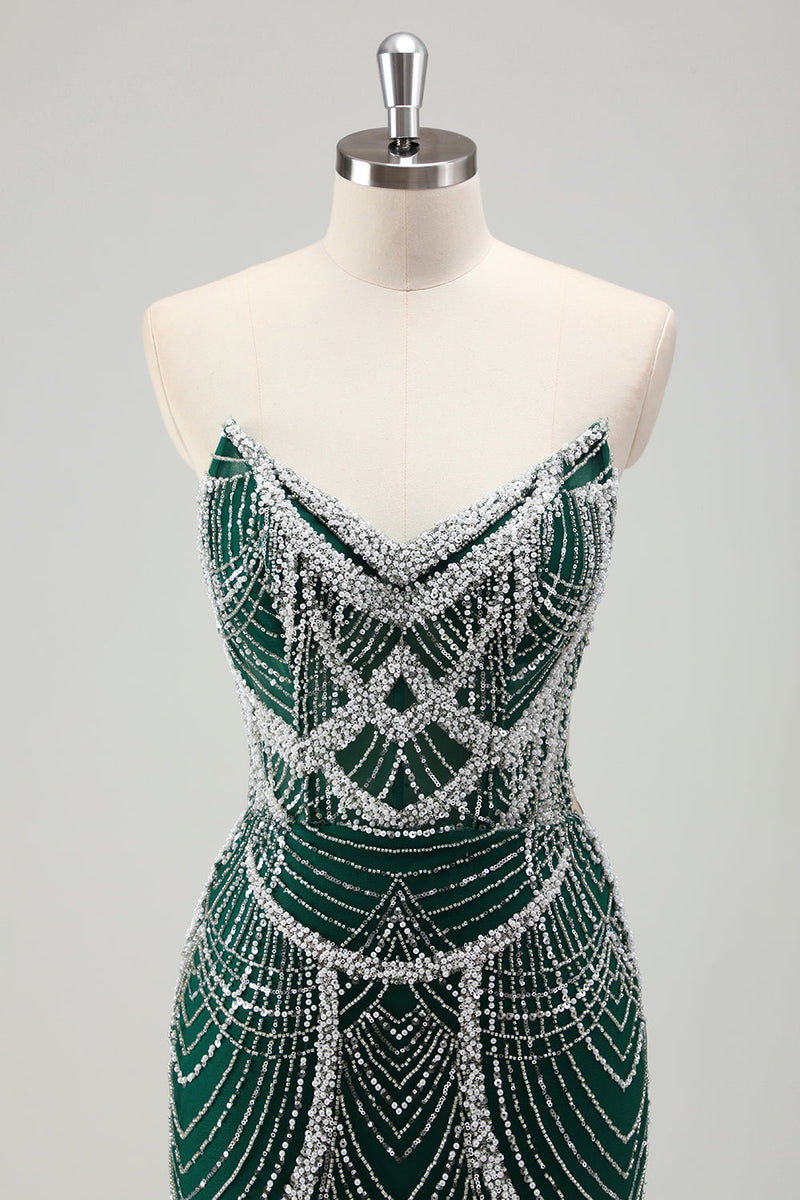 Load image into Gallery viewer, Dark Green Mermaid Strapless Sequins Corset Prom Dress