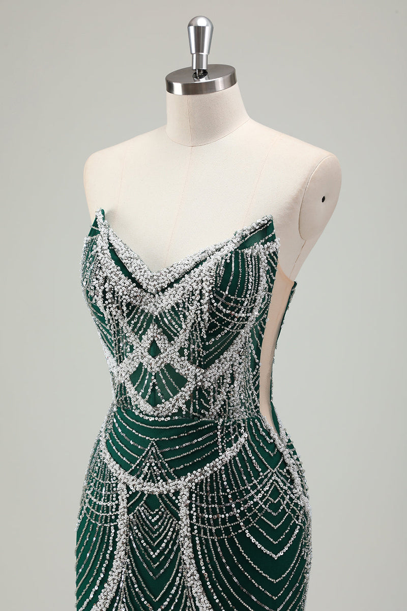 Load image into Gallery viewer, Dark Green Mermaid Strapless Sequins Corset Prom Dress