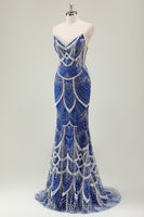 Load image into Gallery viewer, Dark Green Mermaid Strapless Sequins Corset Prom Dress