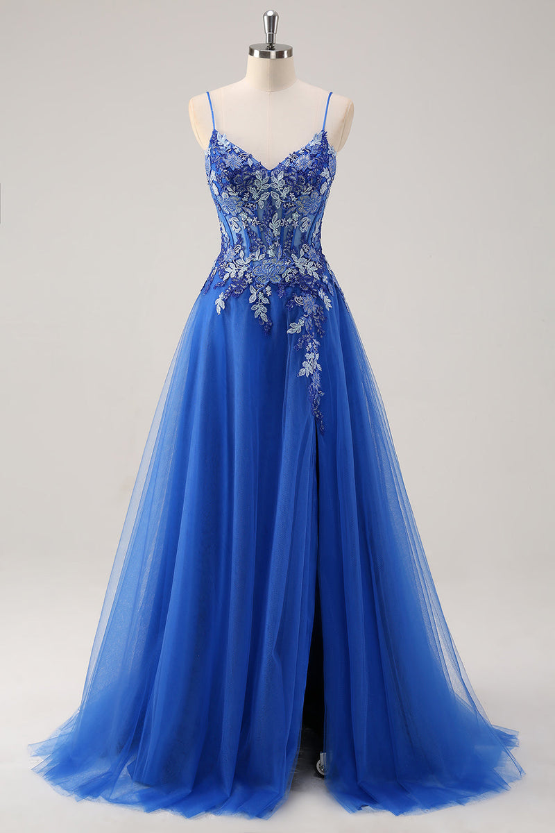 Load image into Gallery viewer, Royal Blue A Line Spaghetti Straps Corset Tulle Prom Dress