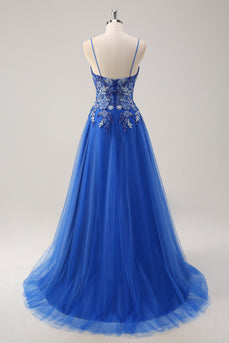 Royal Blue A Line Spaghetti Straps Corset Tulle Prom Dress