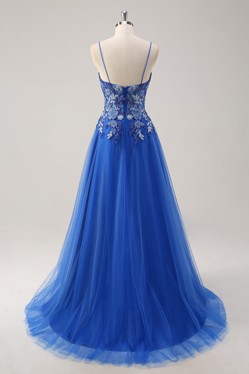 Load image into Gallery viewer, Royal Blue A Line Spaghetti Straps Corset Tulle Prom Dress