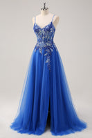 Load image into Gallery viewer, Royal Blue A Line Spaghetti Straps Corset Tulle Prom Dress