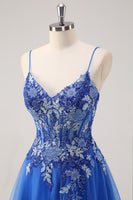 Load image into Gallery viewer, Royal Blue A Line Spaghetti Straps Corset Tulle Prom Dress