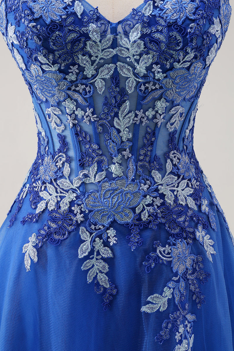 Load image into Gallery viewer, Royal Blue A Line Spaghetti Straps Corset Tulle Prom Dress