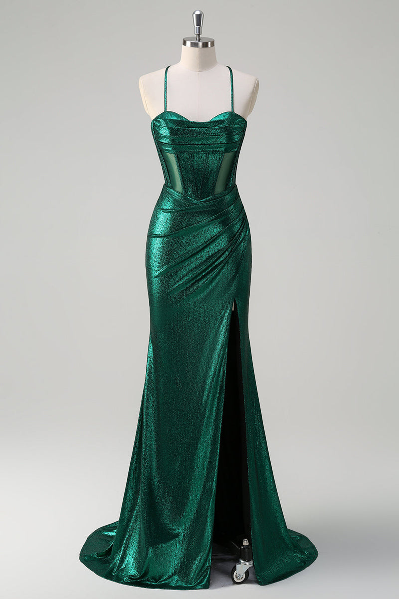 Load image into Gallery viewer, Glitter Dark Green Mermaid Corset Ruched Metallic Prom Dress