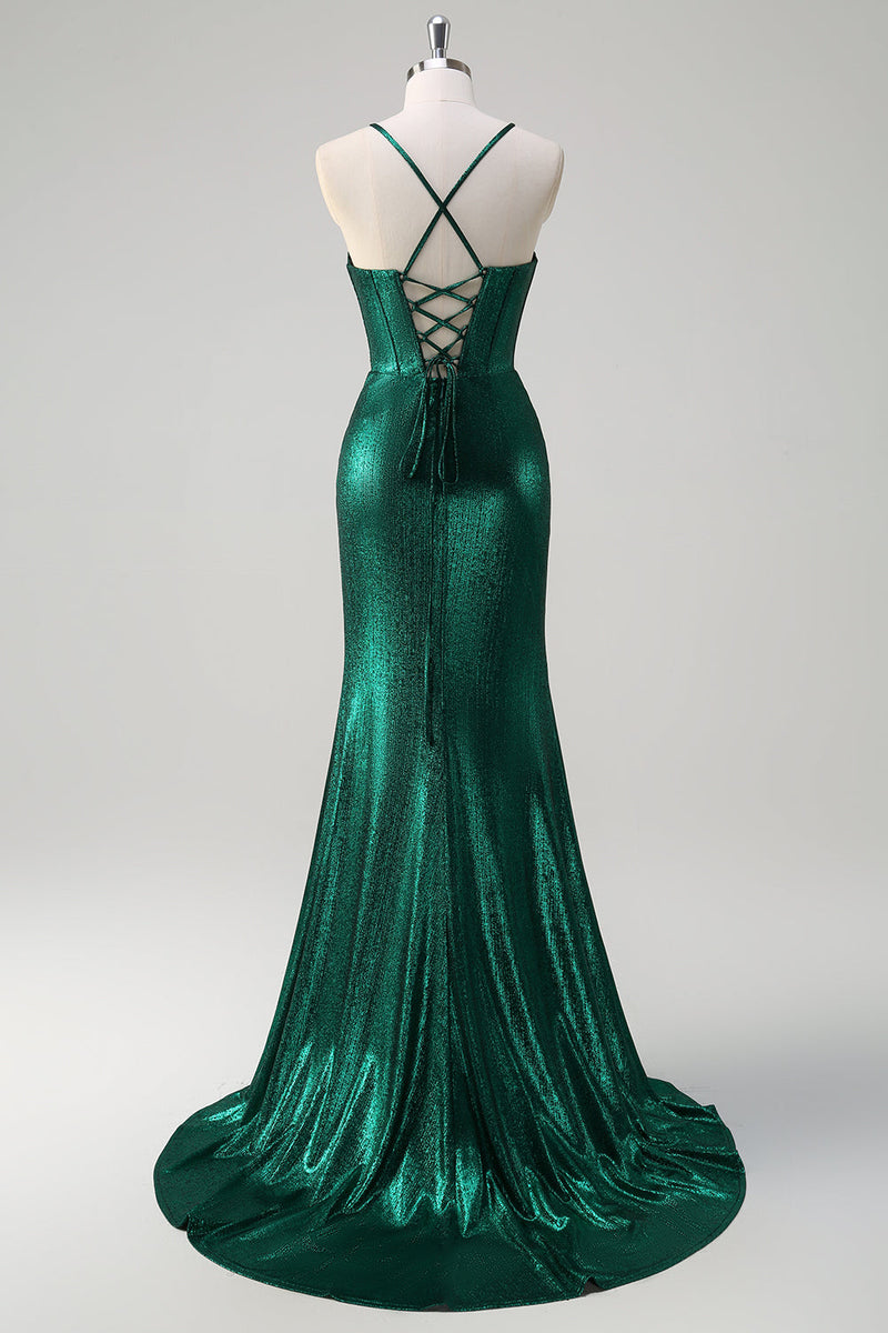 Load image into Gallery viewer, Glitter Dark Green Mermaid Corset Ruched Metallic Prom Dress