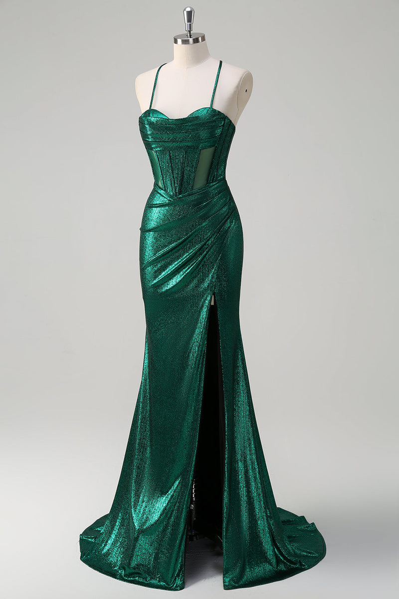 Load image into Gallery viewer, Glitter Dark Green Mermaid Corset Ruched Metallic Prom Dress
