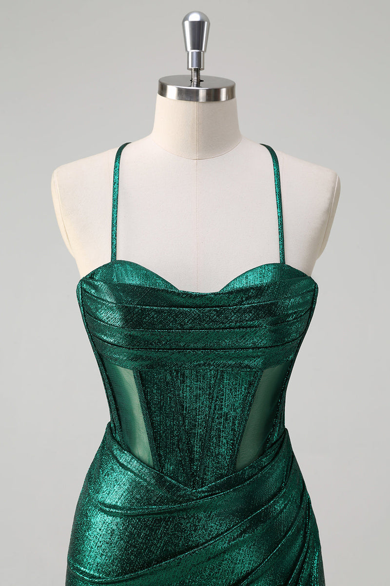 Load image into Gallery viewer, Glitter Dark Green Mermaid Corset Ruched Metallic Prom Dress