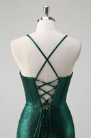 Load image into Gallery viewer, Glitter Dark Green Mermaid Corset Ruched Metallic Prom Dress