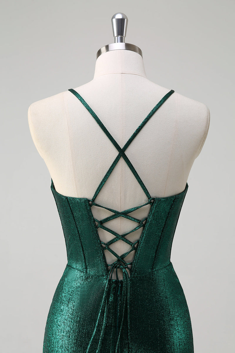 Load image into Gallery viewer, Glitter Dark Green Mermaid Corset Ruched Metallic Prom Dress