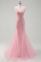 Load image into Gallery viewer, Sparkly Pink Mermaid Spaghetti Straps Sequins Corset Prom Dress