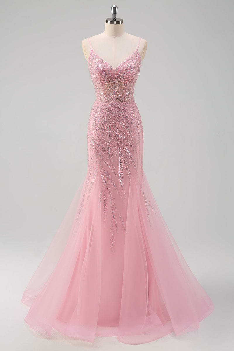 Load image into Gallery viewer, Sparkly Pink Mermaid Spaghetti Straps Sequins Corset Prom Dress
