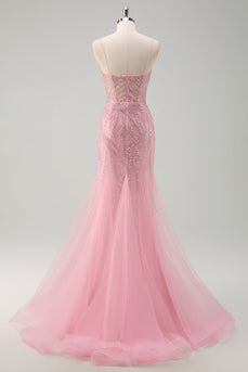Sparkly Pink Mermaid Spaghetti Straps Sequins Corset Prom Dress