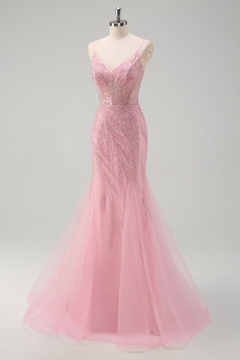 Load image into Gallery viewer, Sparkly Pink Mermaid Spaghetti Straps Sequins Corset Prom Dress