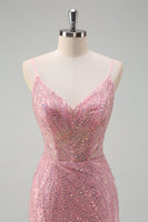 Load image into Gallery viewer, Sparkly Pink Mermaid Spaghetti Straps Sequins Corset Prom Dress