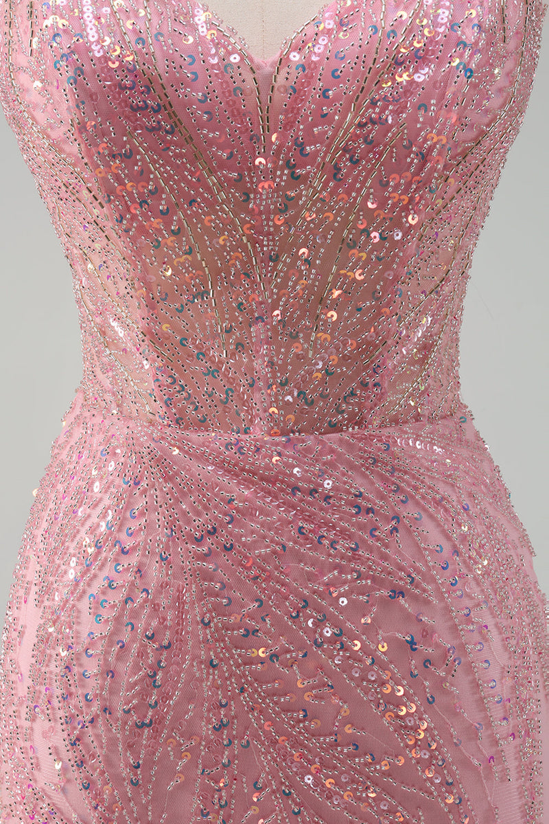 Load image into Gallery viewer, Sparkly Pink Mermaid Spaghetti Straps Sequins Corset Prom Dress