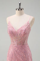 Load image into Gallery viewer, Sparkly Pink Mermaid Spaghetti Straps Sequins Corset Prom Dress