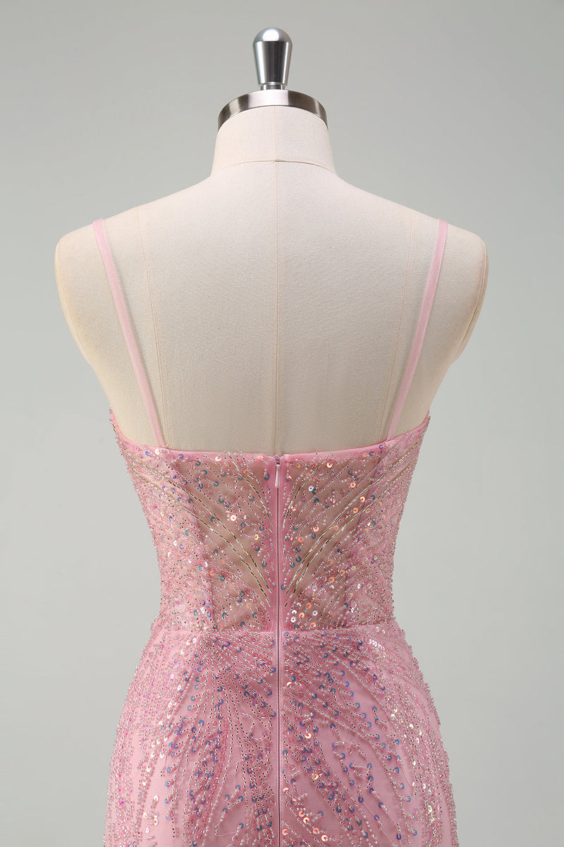 Load image into Gallery viewer, Sparkly Pink Mermaid Spaghetti Straps Sequins Corset Prom Dress