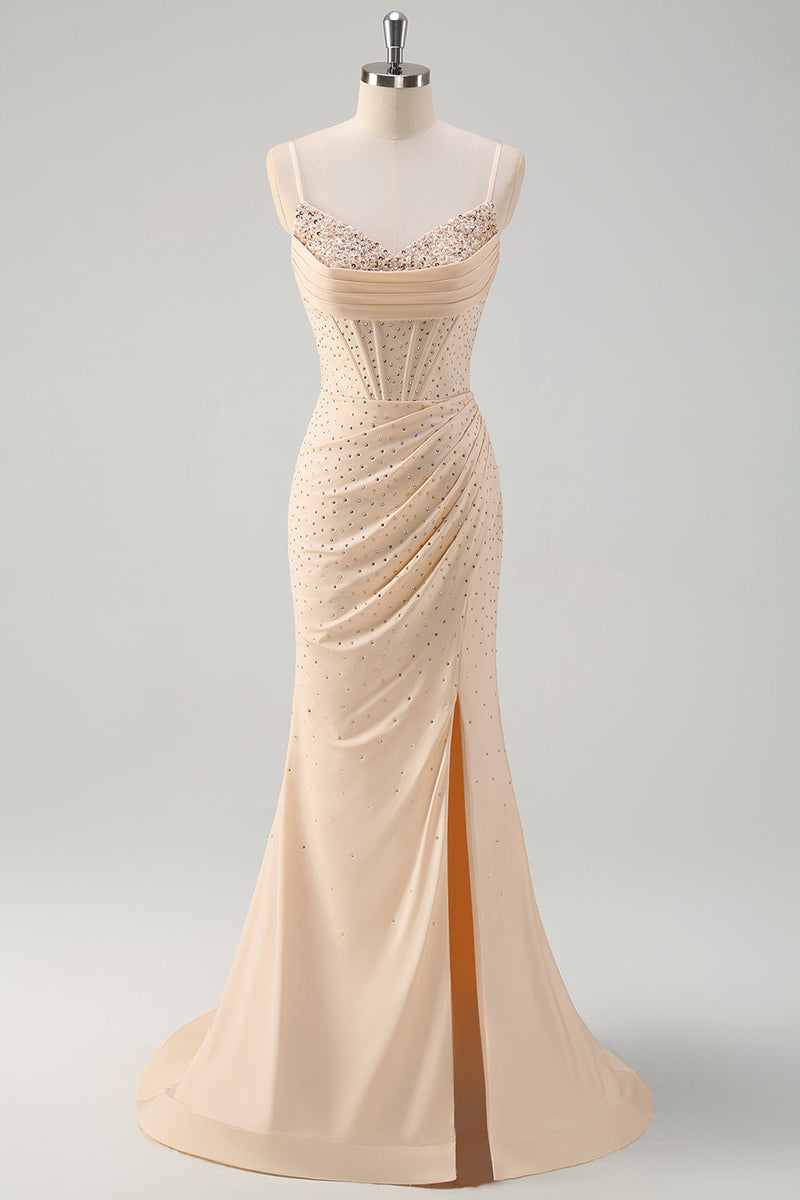 Load image into Gallery viewer, Glitter Yellow Mermaid Beaded Long Corset Prom Dress