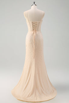 Glitter Yellow Mermaid Beaded Long Corset Prom Dress