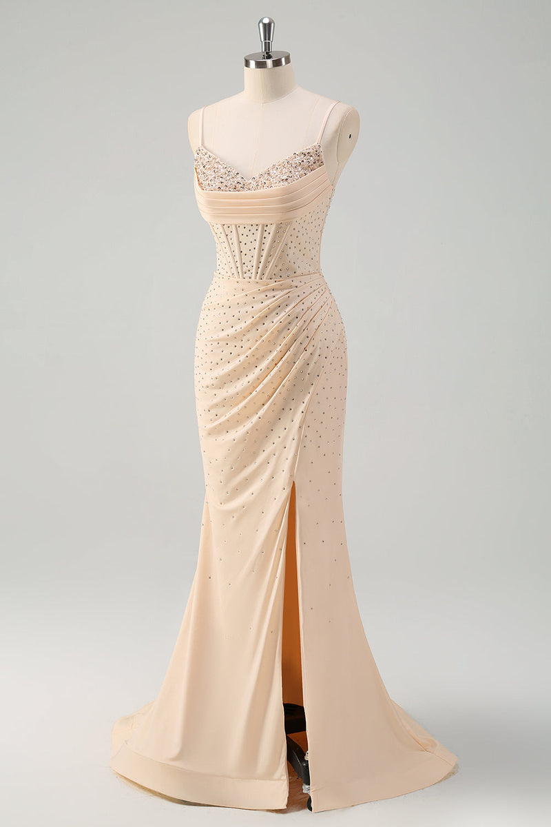 Load image into Gallery viewer, Glitter Yellow Mermaid Beaded Long Corset Prom Dress