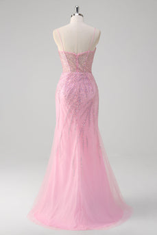 Mermaid Pink Spaghetti Straps Sequin Corset Long Prom Dress