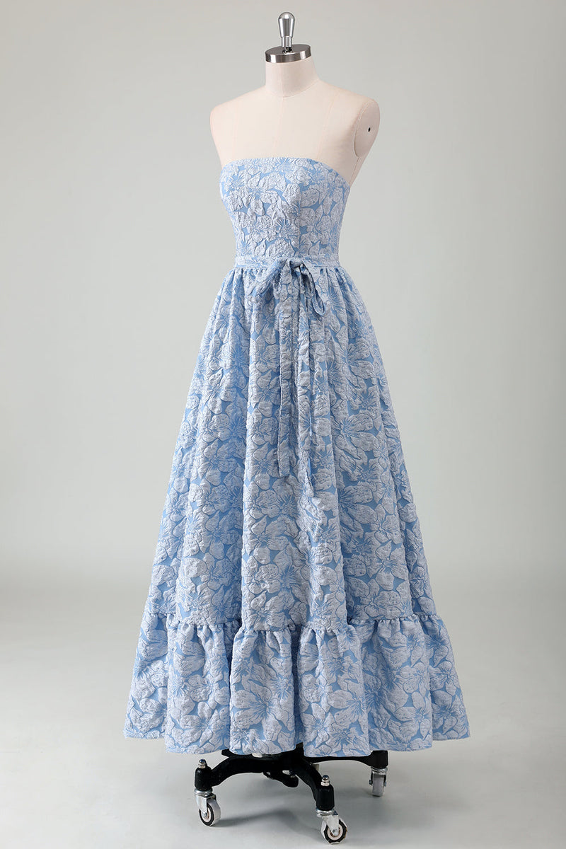 Load image into Gallery viewer, Blue Strapless Floral A Line Prom Dress with Belt