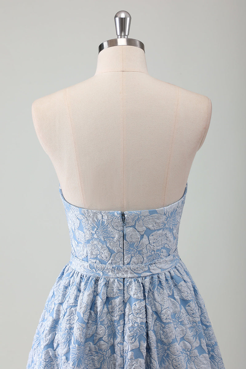 Load image into Gallery viewer, Blue Strapless Floral A Line Prom Dress with Belt