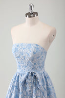 Load image into Gallery viewer, Blue Strapless Floral A Line Prom Dress with Belt
