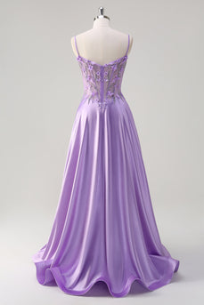 Purple Spaghetti Straps A Line Floral Long Prom Dress with Slit