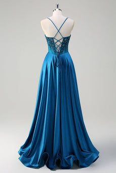 Blue Corset Pleated Spaghetti Straps Sequin Long Prom Dress