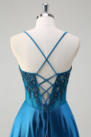 Load image into Gallery viewer, Blue Corset Pleated Spaghetti Straps Sequin Long Prom Dress