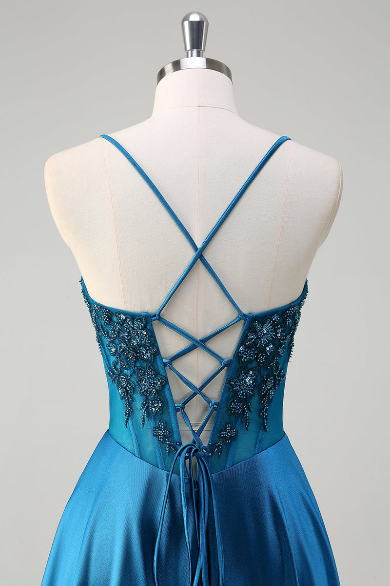 Load image into Gallery viewer, Blue Corset Pleated Spaghetti Straps Sequin Long Prom Dress