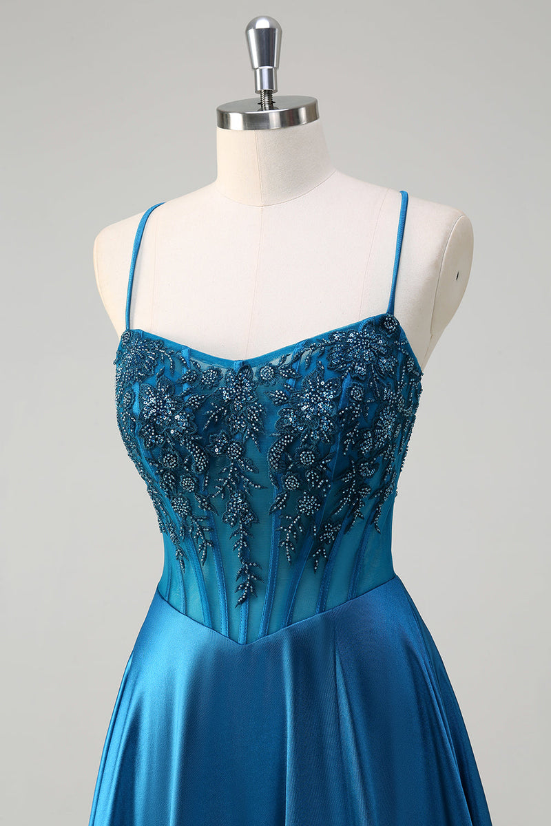 Load image into Gallery viewer, Blue Corset Pleated Spaghetti Straps Sequin Long Prom Dress