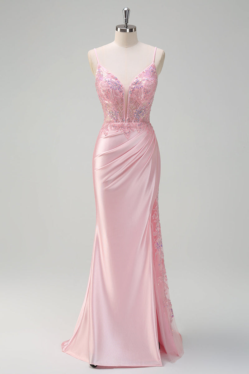Load image into Gallery viewer, Light Pink Mermaid Sequin Corset Ruched Prom Dress