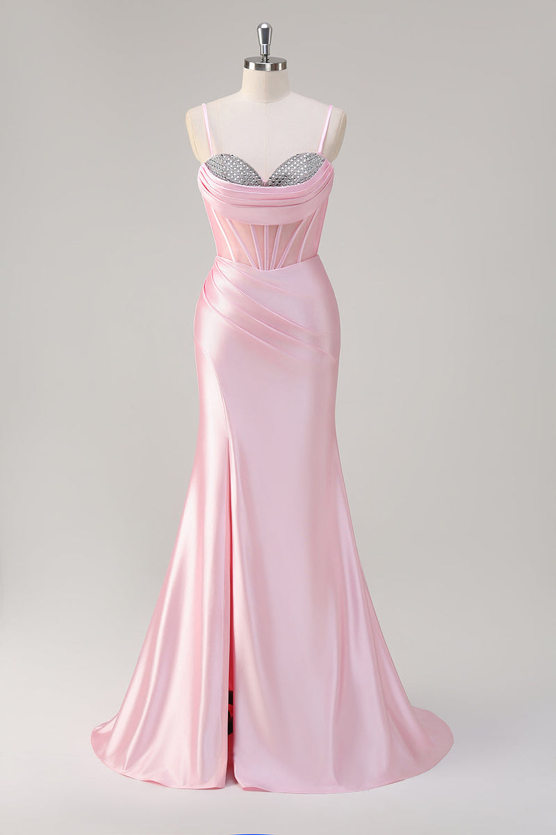 Load image into Gallery viewer, Mermaid Pink Spaghetti Straps Corset Prom Dress with Slit