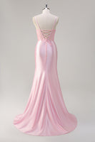 Load image into Gallery viewer, Mermaid Pink Spaghetti Straps Corset Prom Dress with Slit